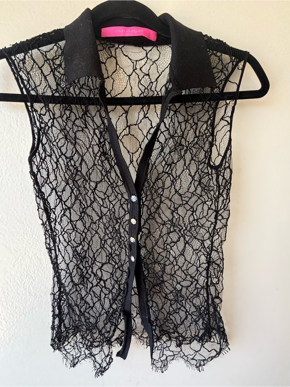 Emanuel Ungaro Black Sheer Lace Button-Down Sleeveless Top